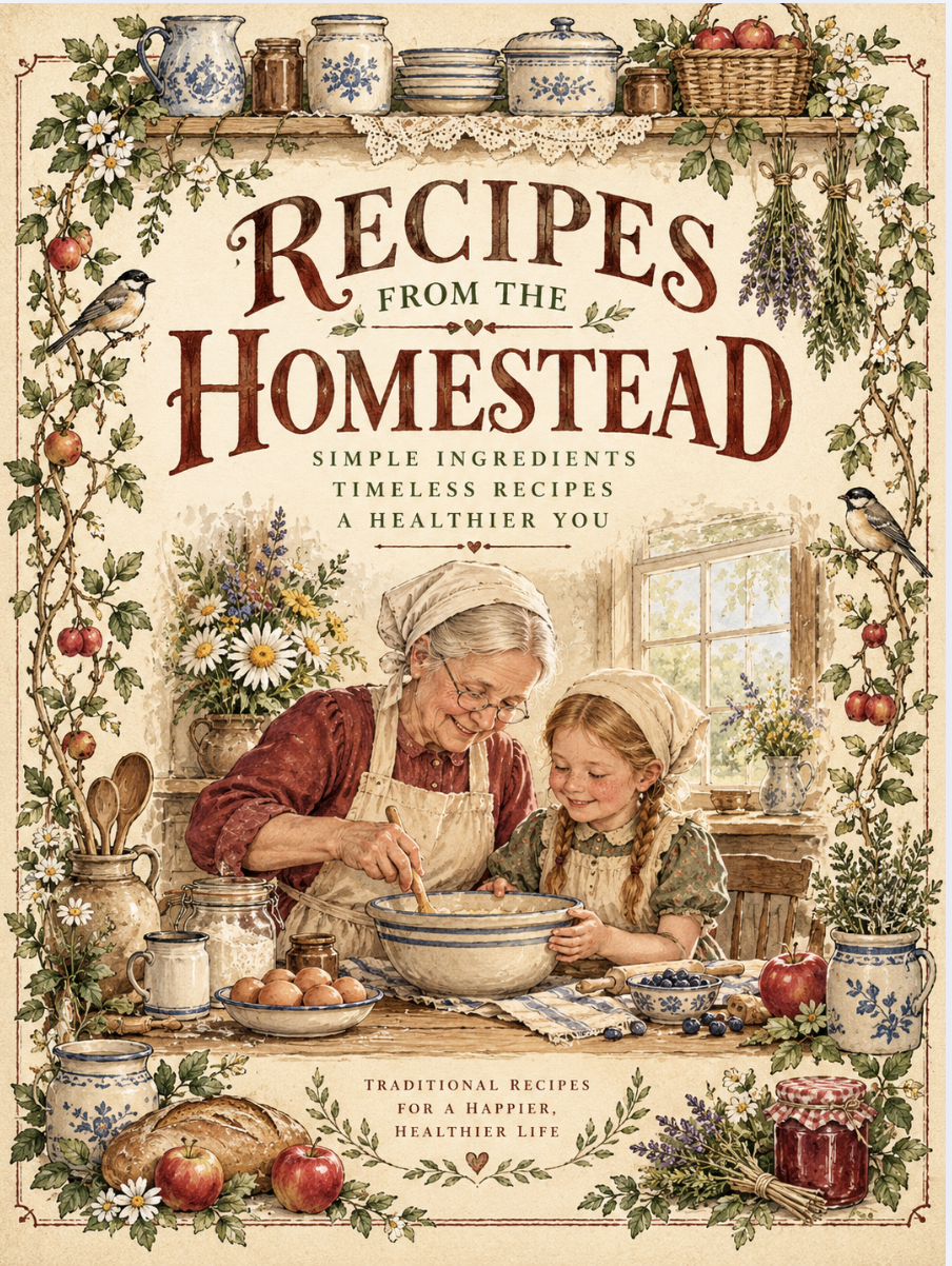 Recipes from the Homestead ebook cover, a grandmother and granddaughter baking together at a sunlit kitchen table